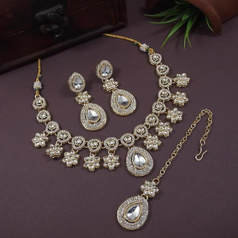 Etnico Gold Plated Traditional Kundan Stone Necklace Jewellery With Earring & Maang Tikka Set for Women (IJ378) (White)