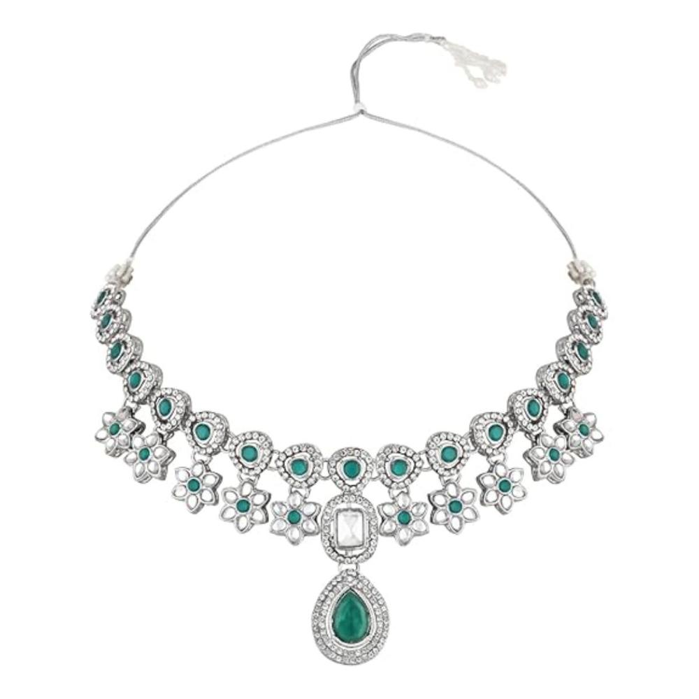 Etnico Silver Plated Traditional Kundan Stone Choker Necklace With Earring & Maang Tikka Set For Women (IJ378ZG)