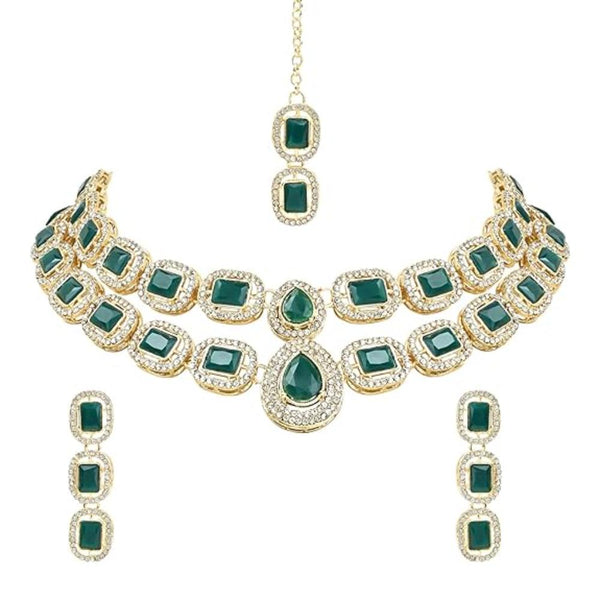 Etnico Gold Plated Traditional Stone Choker Necklace Jewellery With Earring & Maang Tikka Set For Women And Girls (Green)