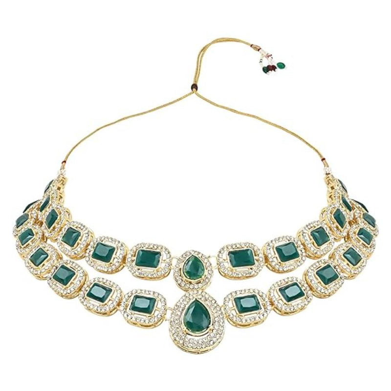 Etnico Gold Plated Traditional Stone Choker Necklace Jewellery With Earring & Maang Tikka Set For Women And Girls (Green)