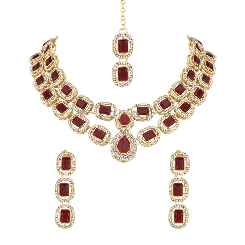 Etnico Gold Plated Traditional Stone Choker Necklace Jewellery With Earring & Maang Tikka Set For Women And Girls (Maroon)