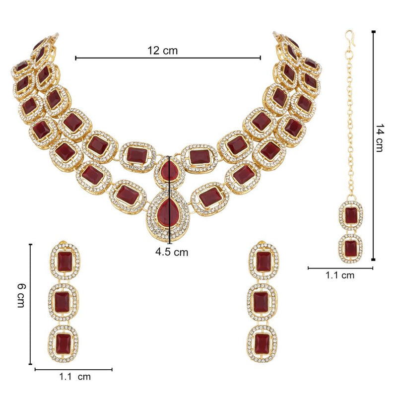 Etnico Gold Plated Traditional Stone Choker Necklace Jewellery With Earring & Maang Tikka Set For Women And Girls (Maroon)