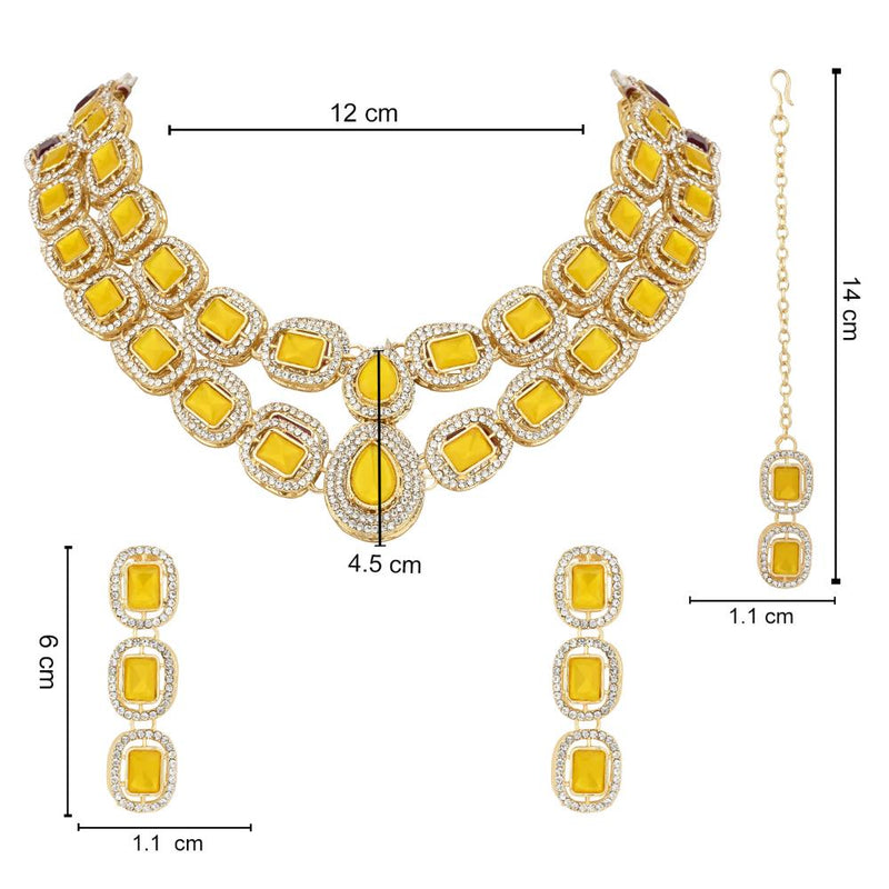 Etnico Gold Plated Traditional Stone Choker Necklace Jewellery With Earring & Maang Tikka Set For Women And Girls (Yellow)