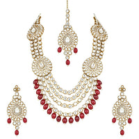 Etnico Gold Plated Traditional Multi Layered Kundan Pearl Bridal Necklace Jewellery with Earrings & Maang Tikka Set For Women/Girls (IJ384) (Maroon)