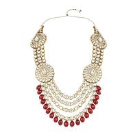 Etnico Gold Plated Traditional Multi Layered Kundan Pearl Bridal Necklace Jewellery with Earrings & Maang Tikka Set For Women/Girls (IJ384) (Maroon)