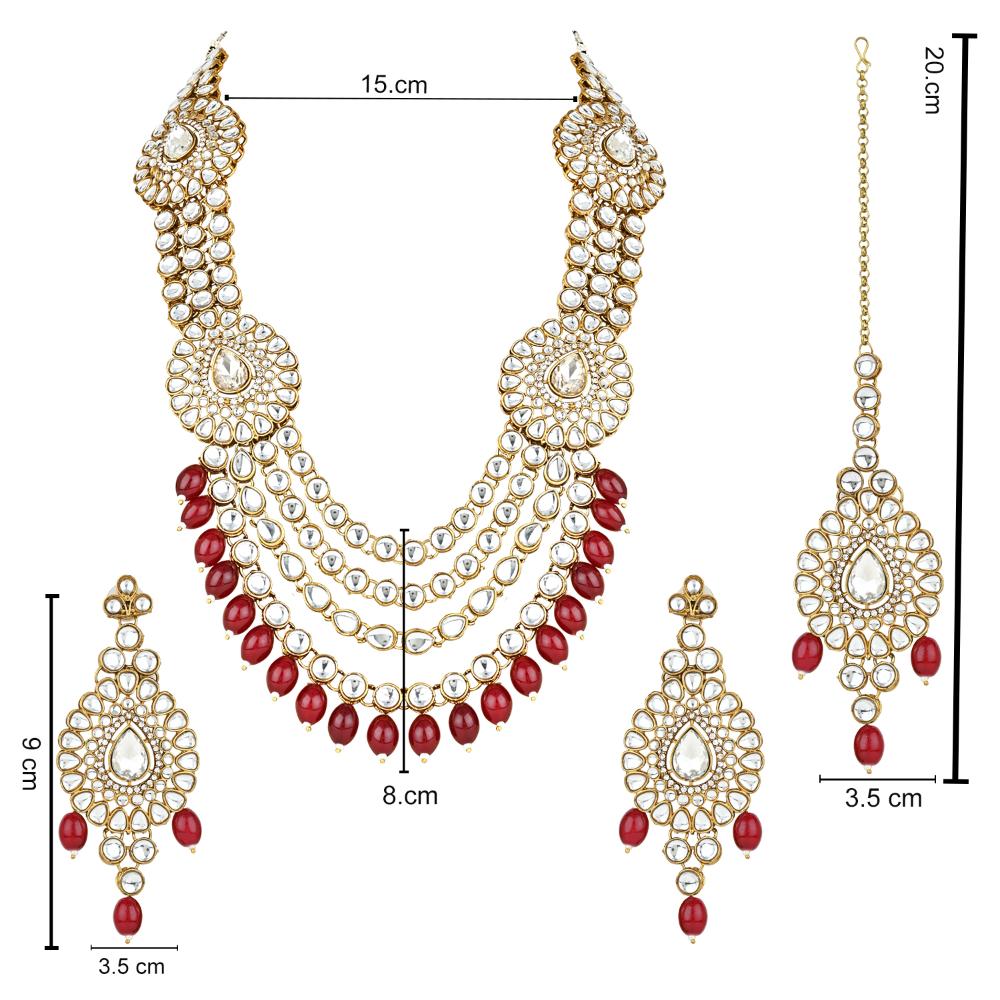 Etnico Gold Plated Traditional Multi Layered Kundan Pearl Bridal Necklace Jewellery with Earrings & Maang Tikka Set For Women/Girls (IJ384) (Maroon)