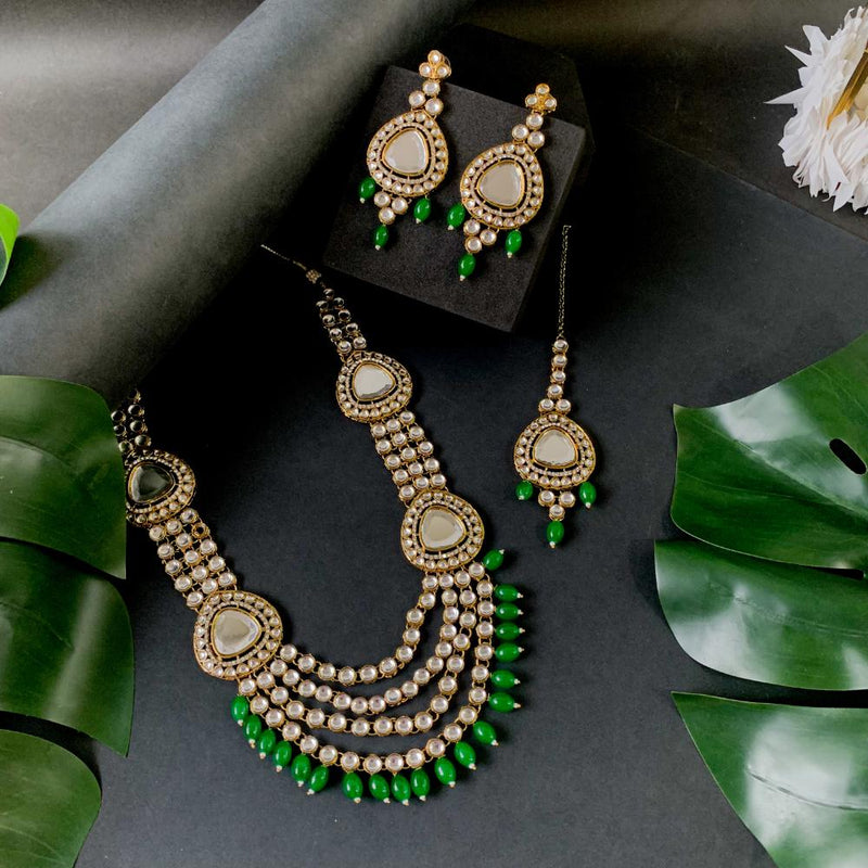 Etnico Gold Plated Traditional Multi Layered Pearl Kundan Bridal Necklace Jewellery with Dangle Earrings & Maang Tikka Set For Women/Girls (IJ387) (Green)