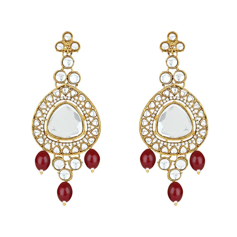 Etnico Gold Plated Traditional Multi Layered Pearl Kundan Bridal Necklace Jewellery with Dangle Earrings & Maang Tikka Set For Women/Girls (IJ387) (Maroon)