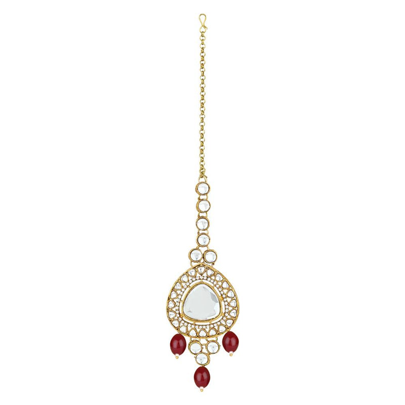 Etnico Gold Plated Traditional Multi Layered Pearl Kundan Bridal Necklace Jewellery with Dangle Earrings & Maang Tikka Set For Women/Girls (IJ387) (Maroon)