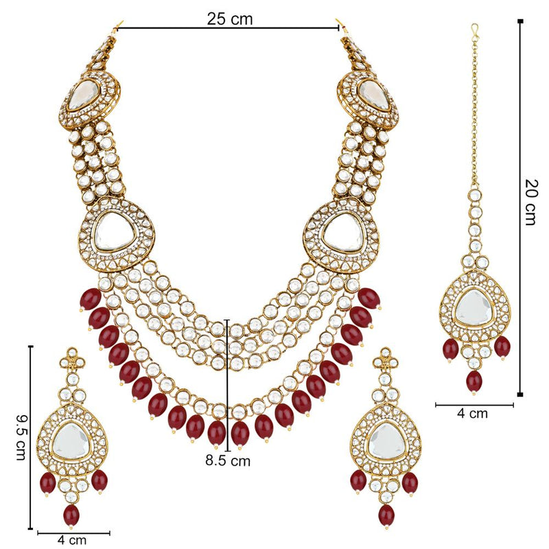 Etnico Gold Plated Traditional Multi Layered Pearl Kundan Bridal Necklace Jewellery with Dangle Earrings & Maang Tikka Set For Women/Girls (IJ387) (Maroon)