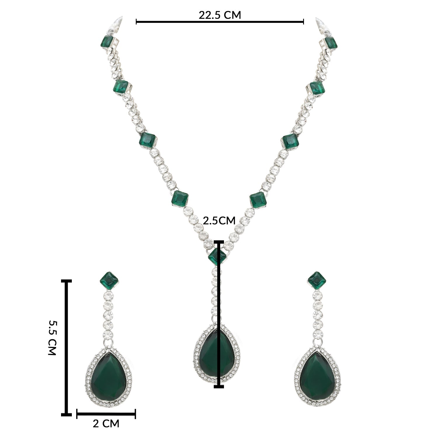 Etnico Silver Plated Crystal Drop Necklace & Earring Set For Women (IJ393) (Green)