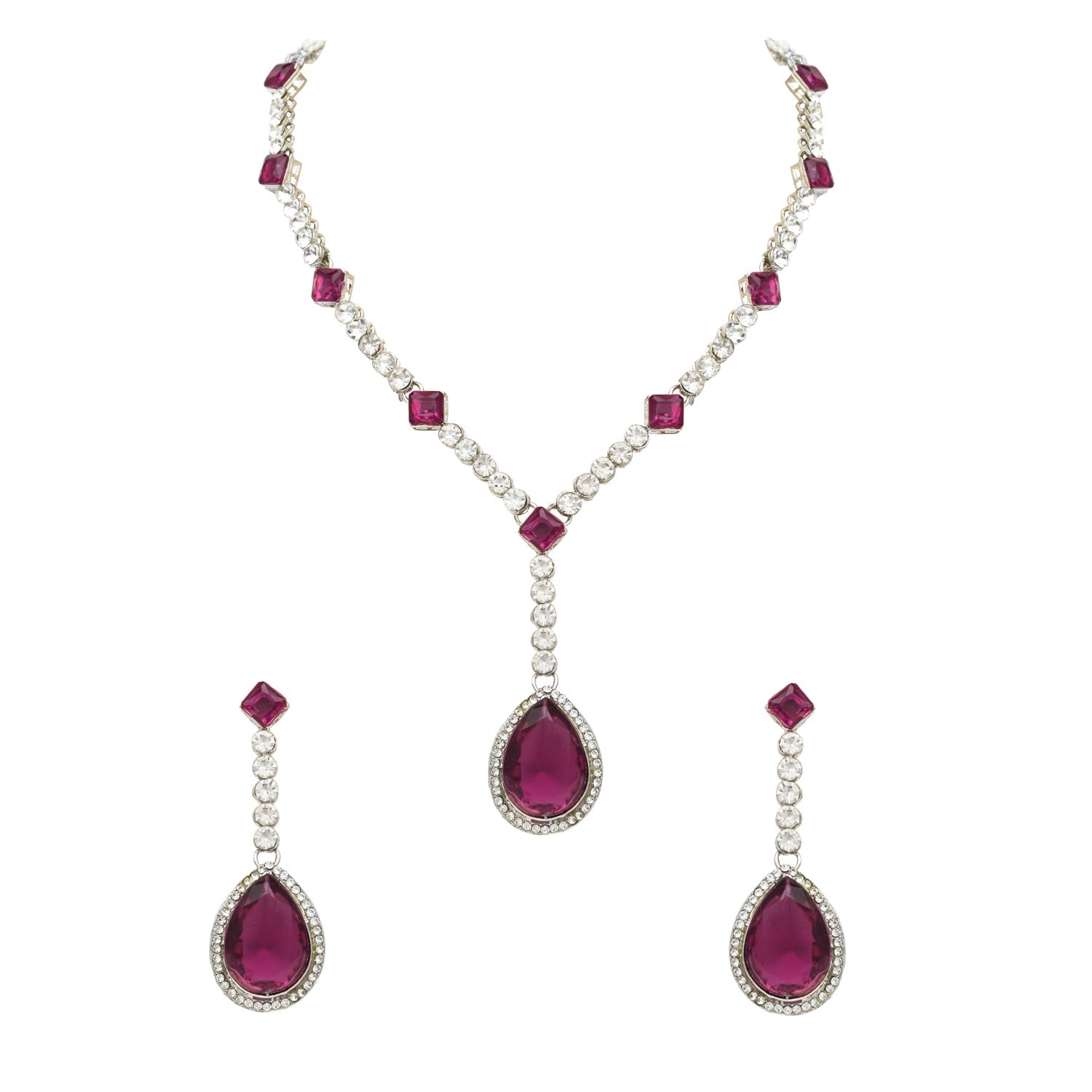 Etnico Silver Plated Crystal Drop Necklace & Earring Set For Women (IJ393) (Wine)