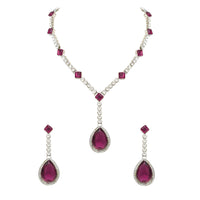 Etnico Silver Plated Crystal Drop Necklace & Earring Set For Women (IJ393) (Wine)