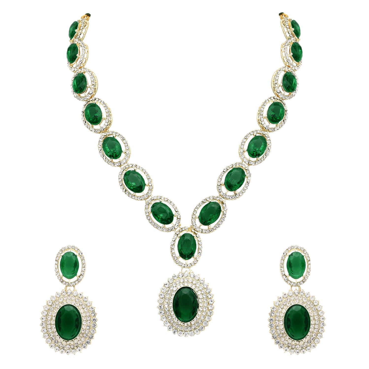 Etnico Stylish Design Crystal Diamond Necklace & Earrings Jewellery Set for Women (Green)