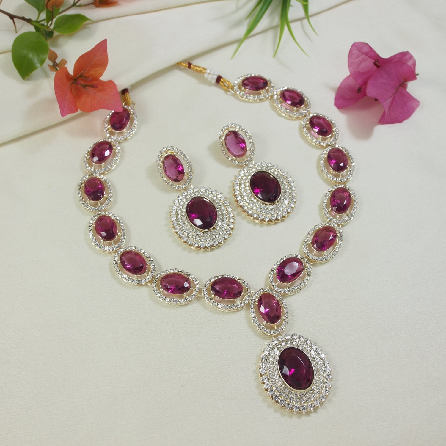 Etnico Stylish Design Crystal Diamond Necklace & Earrings Jewellery Set for Women (Wine)