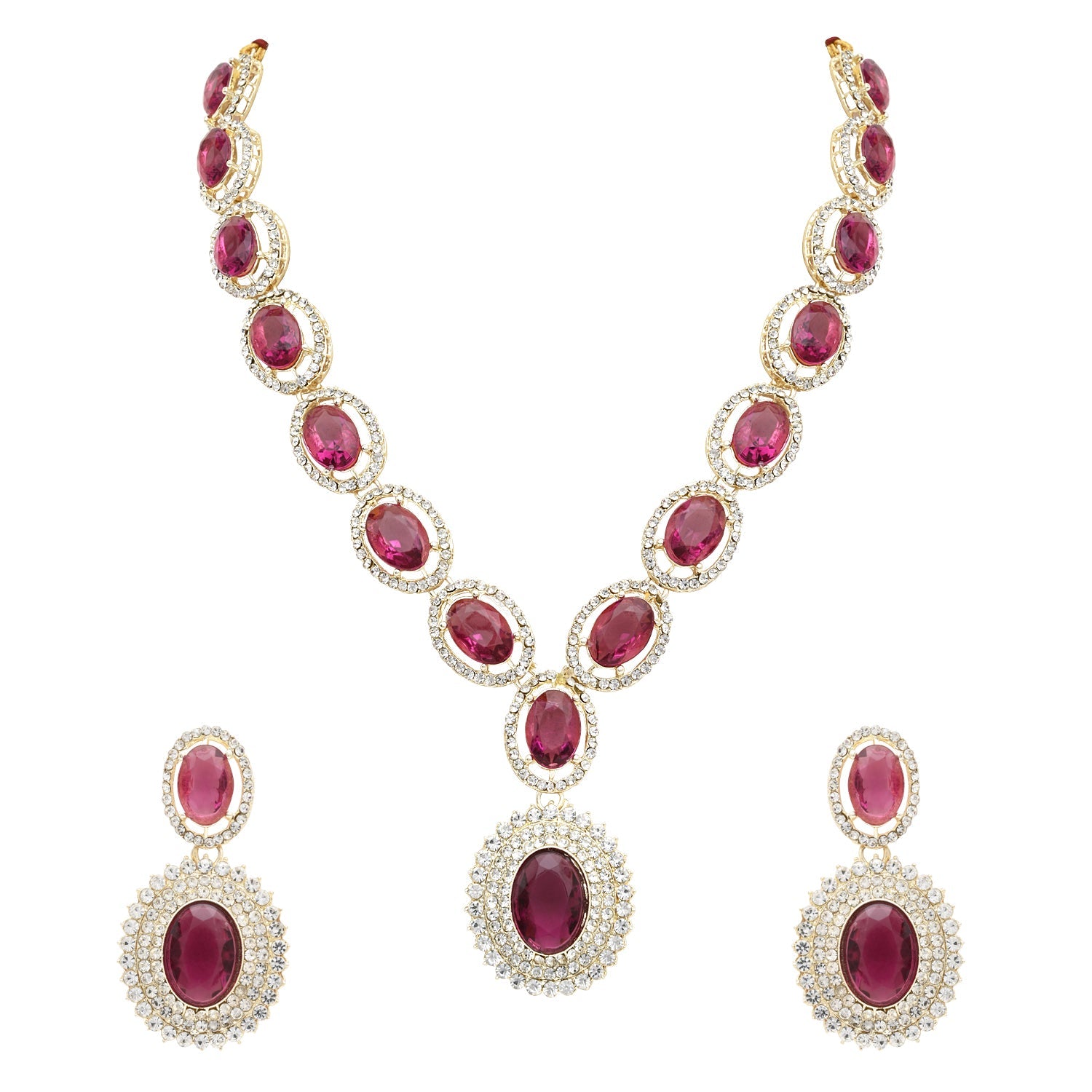Etnico Stylish Design Crystal Diamond Necklace & Earrings Jewellery Set for Women (Wine)