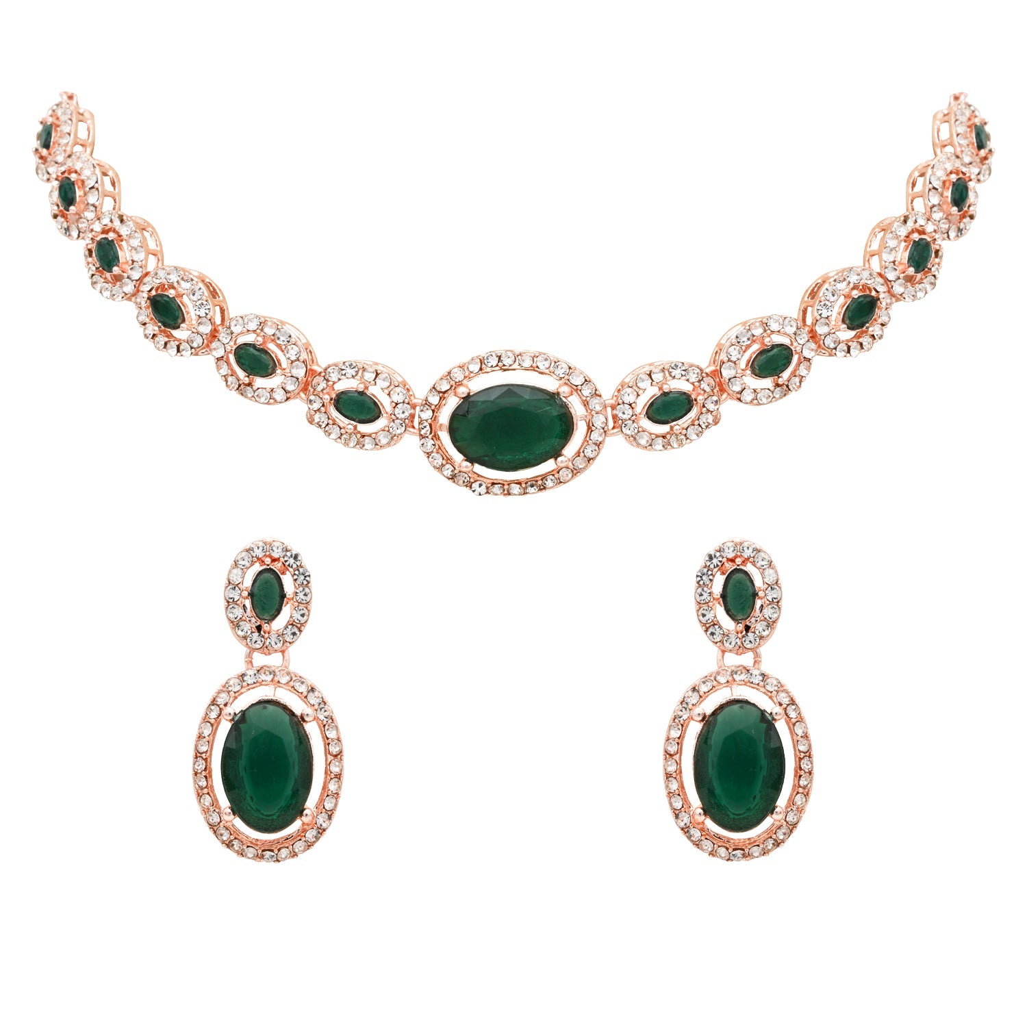 Etnico Rose Gold Plated Stylish Design Crystal Diamond Necklace & Earrings Jewellery Set for Women (Green)