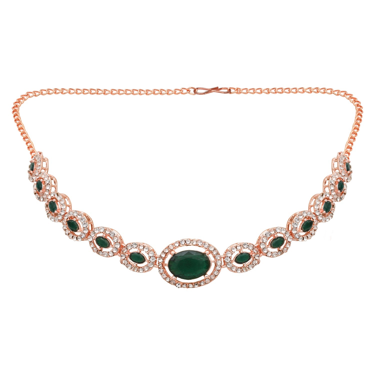 Etnico Rose Gold Plated Stylish Design Crystal Diamond Necklace & Earrings Jewellery Set for Women (Green)