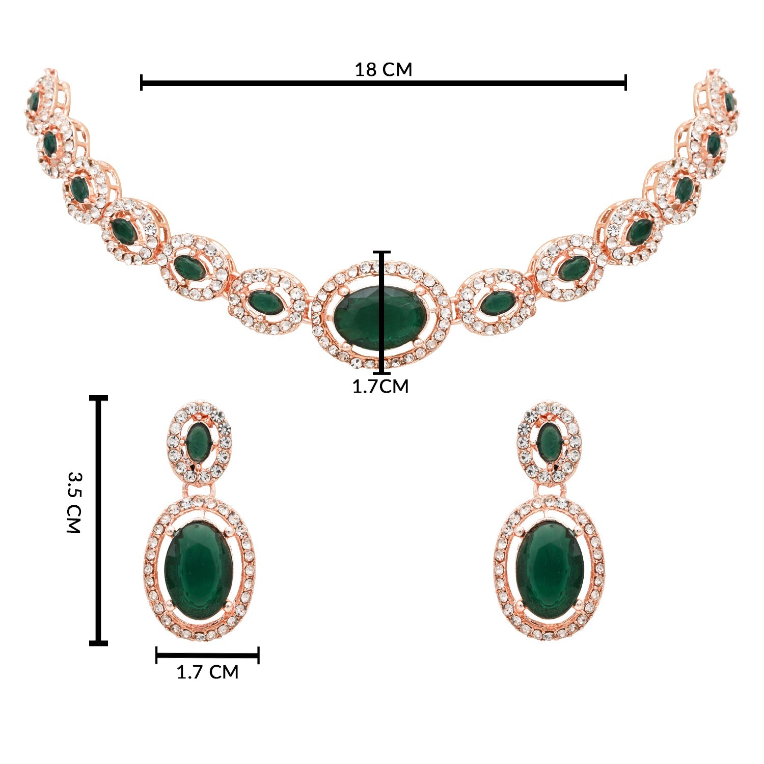 Etnico Rose Gold Plated Stylish Design Crystal Diamond Necklace & Earrings Jewellery Set for Women (Green)