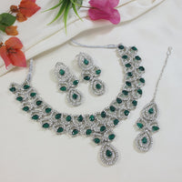 Etnico Silver Plated Stylish Design Crystal Diamond Necklace & Earrings Jewellery Set for Women (Silver Green)