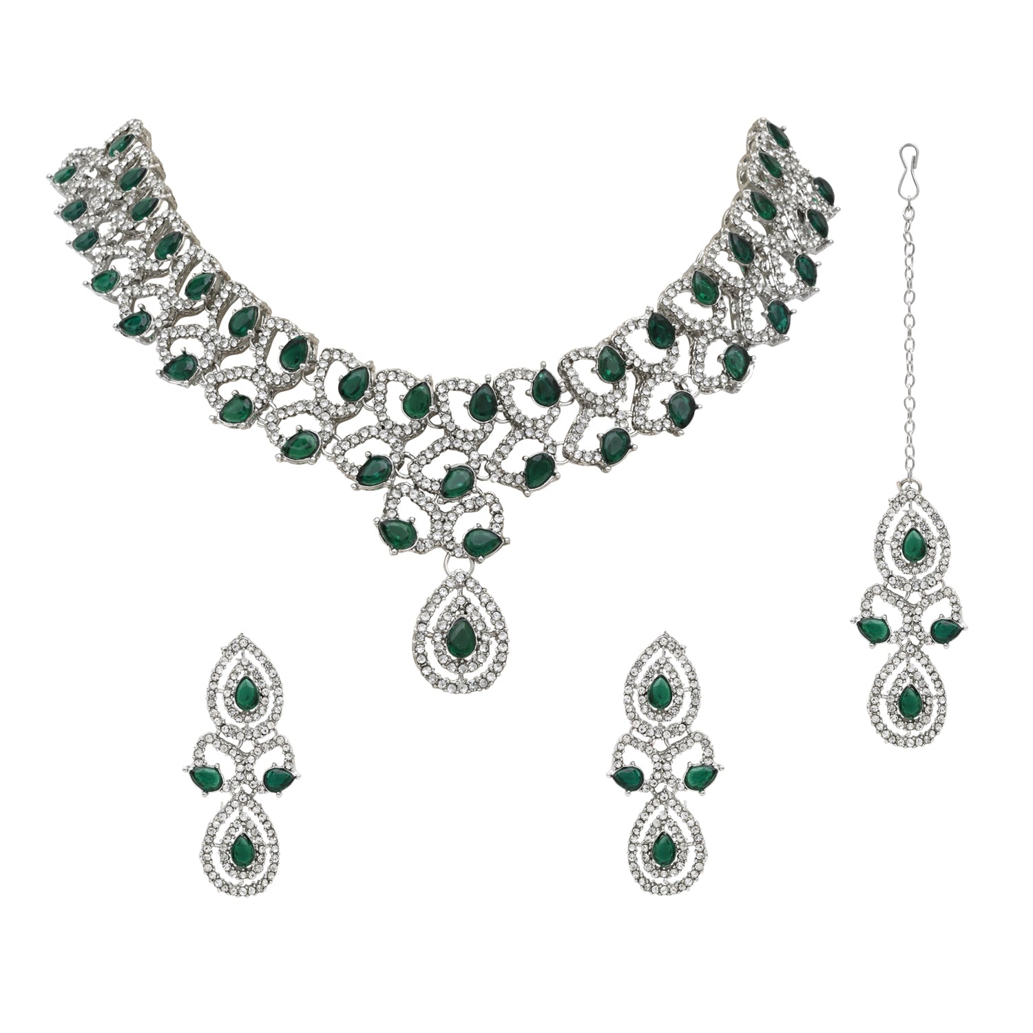Etnico Silver Plated Stylish Design Crystal Diamond Necklace & Earrings Jewellery Set for Women (Silver Green)