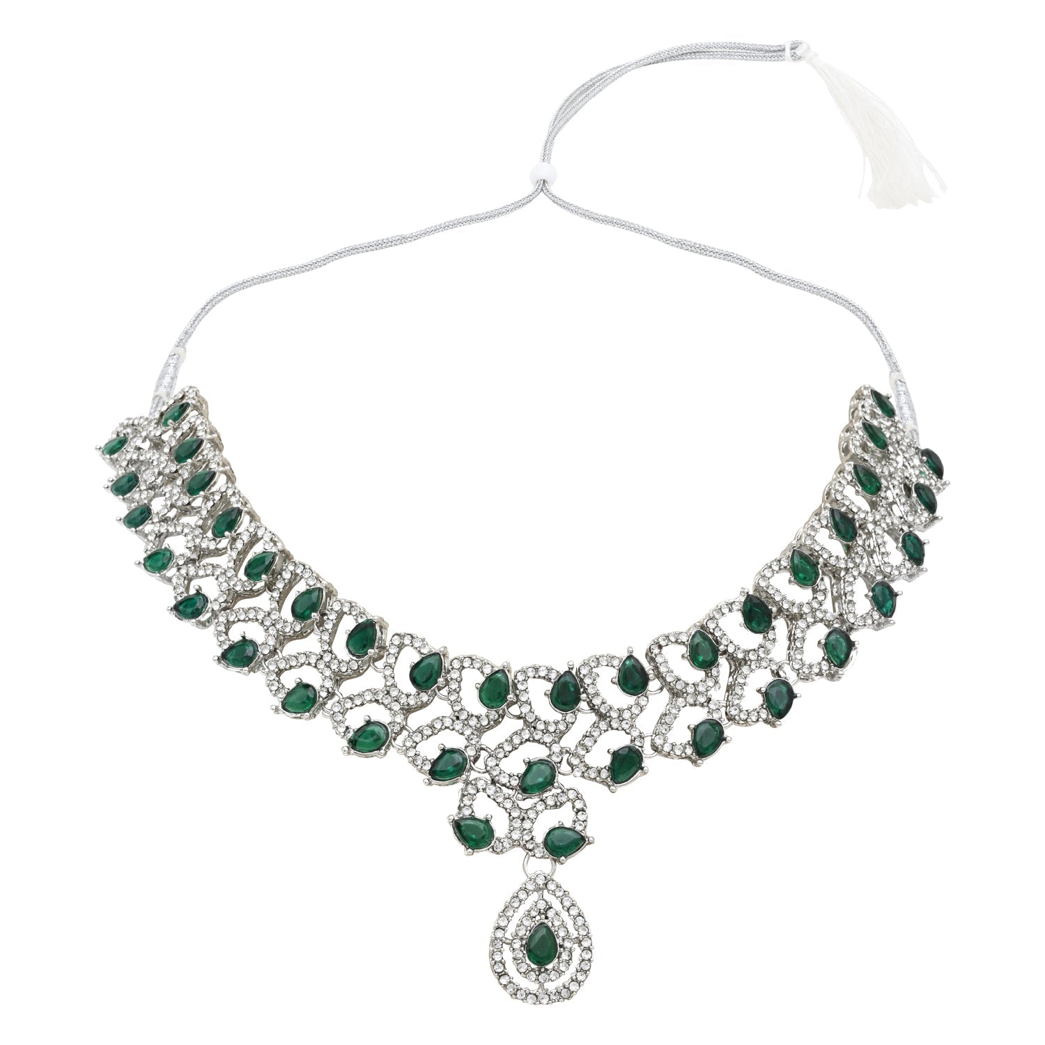 Etnico Silver Plated Stylish Design Crystal Diamond Necklace & Earrings Jewellery Set for Women (Silver Green)