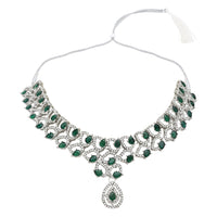 Etnico Silver Plated Stylish Design Crystal Diamond Necklace & Earrings Jewellery Set for Women (Silver Green)