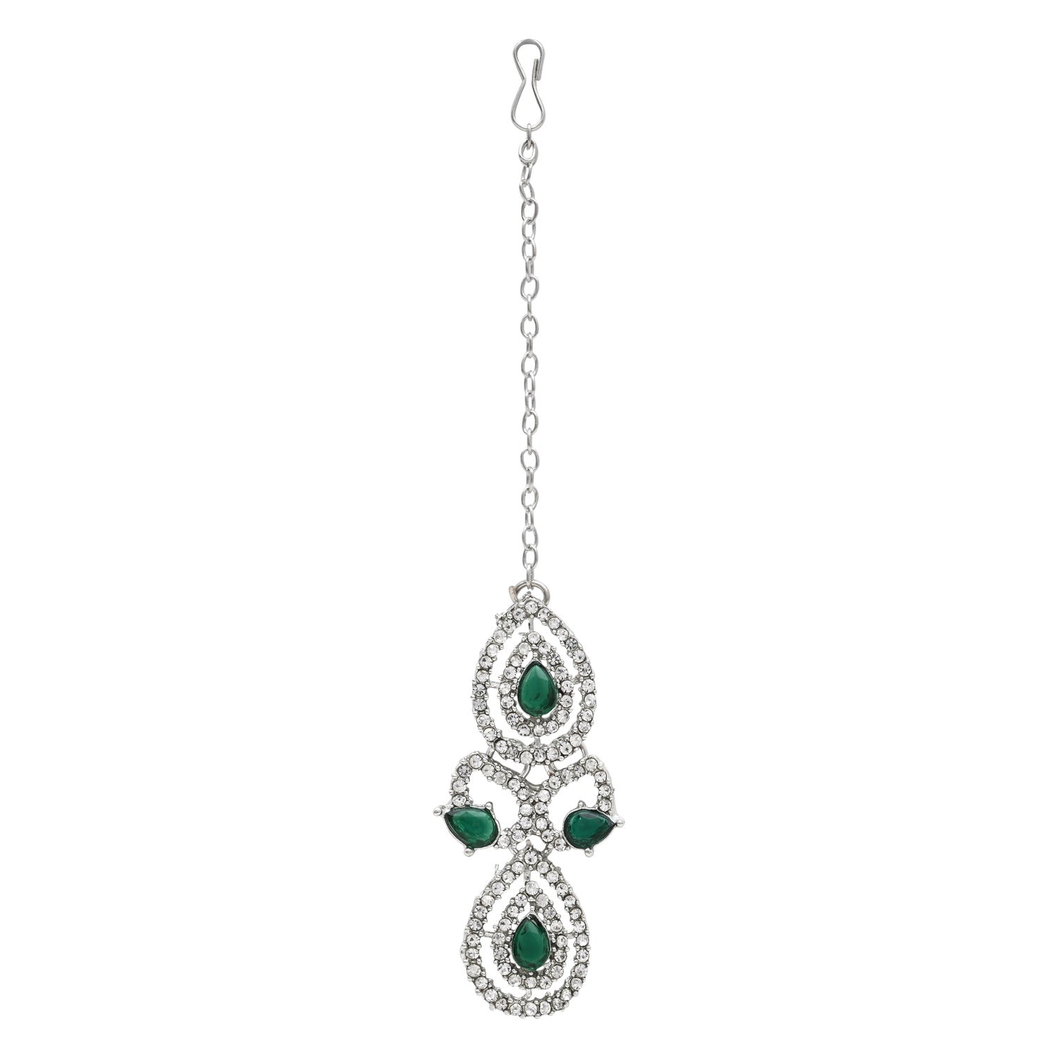 Etnico Silver Plated Stylish Design Crystal Diamond Necklace & Earrings Jewellery Set for Women (Silver Green)