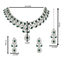 Etnico Silver Plated Stylish Design Crystal Diamond Necklace & Earrings Jewellery Set for Women (Silver Green)