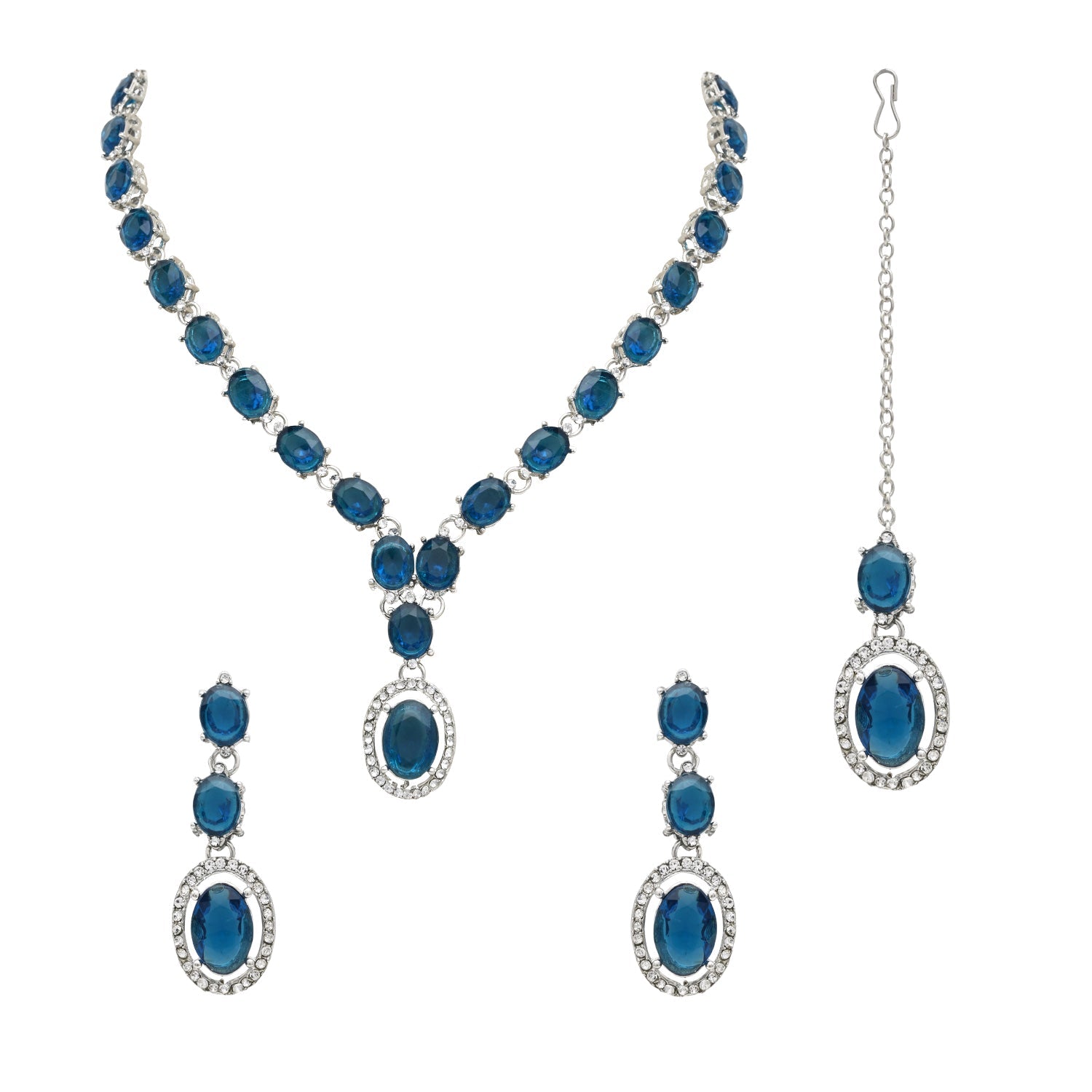 Etnico Silver Plated Stylish Design Crystal Diamond Necklace With Earrings & Maang Tikka Jewellery Set for Women (IJ397ZMO)