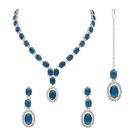 Etnico Silver Plated Stylish Design Crystal Diamond Necklace With Earrings & Maang Tikka Jewellery Set for Women (IJ397ZMO)