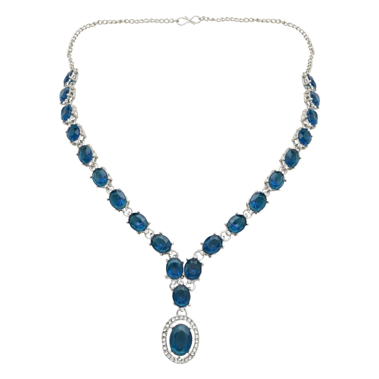 Etnico Silver Plated Stylish Design Crystal Diamond Necklace With Earrings & Maang Tikka Jewellery Set for Women (IJ397ZMO)