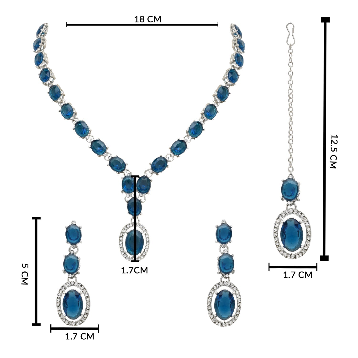Etnico Silver Plated Stylish Design Crystal Diamond Necklace With Earrings & Maang Tikka Jewellery Set for Women (IJ397ZMO)