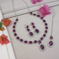 Etnico Silver Plated Stylish Design Crystal Diamond Necklace With Earrings & Maang Tikka Jewellery Set for Women (Silver Wine)