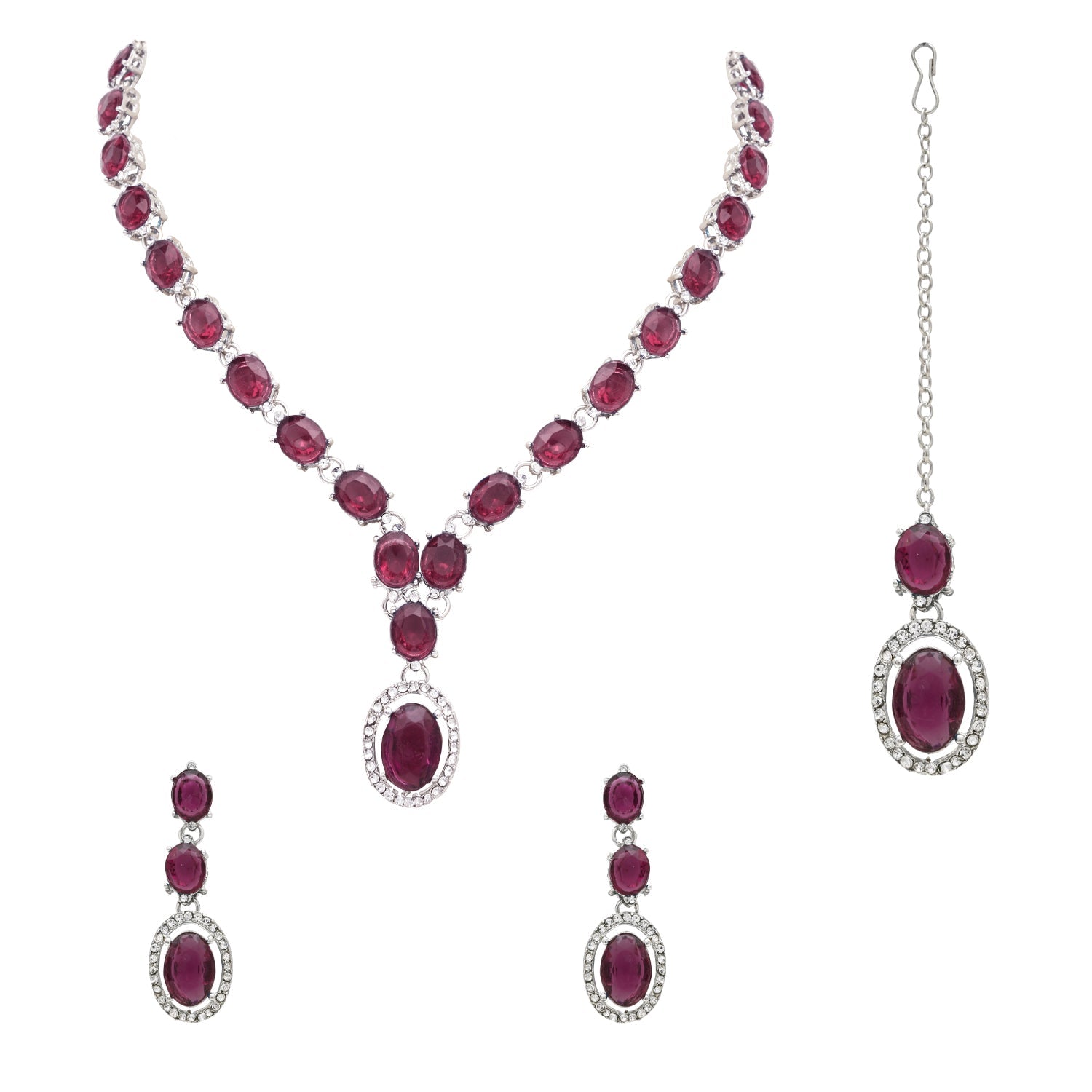 Etnico Silver Plated Stylish Design Crystal Diamond Necklace With Earrings & Maang Tikka Jewellery Set for Women (Silver Wine)