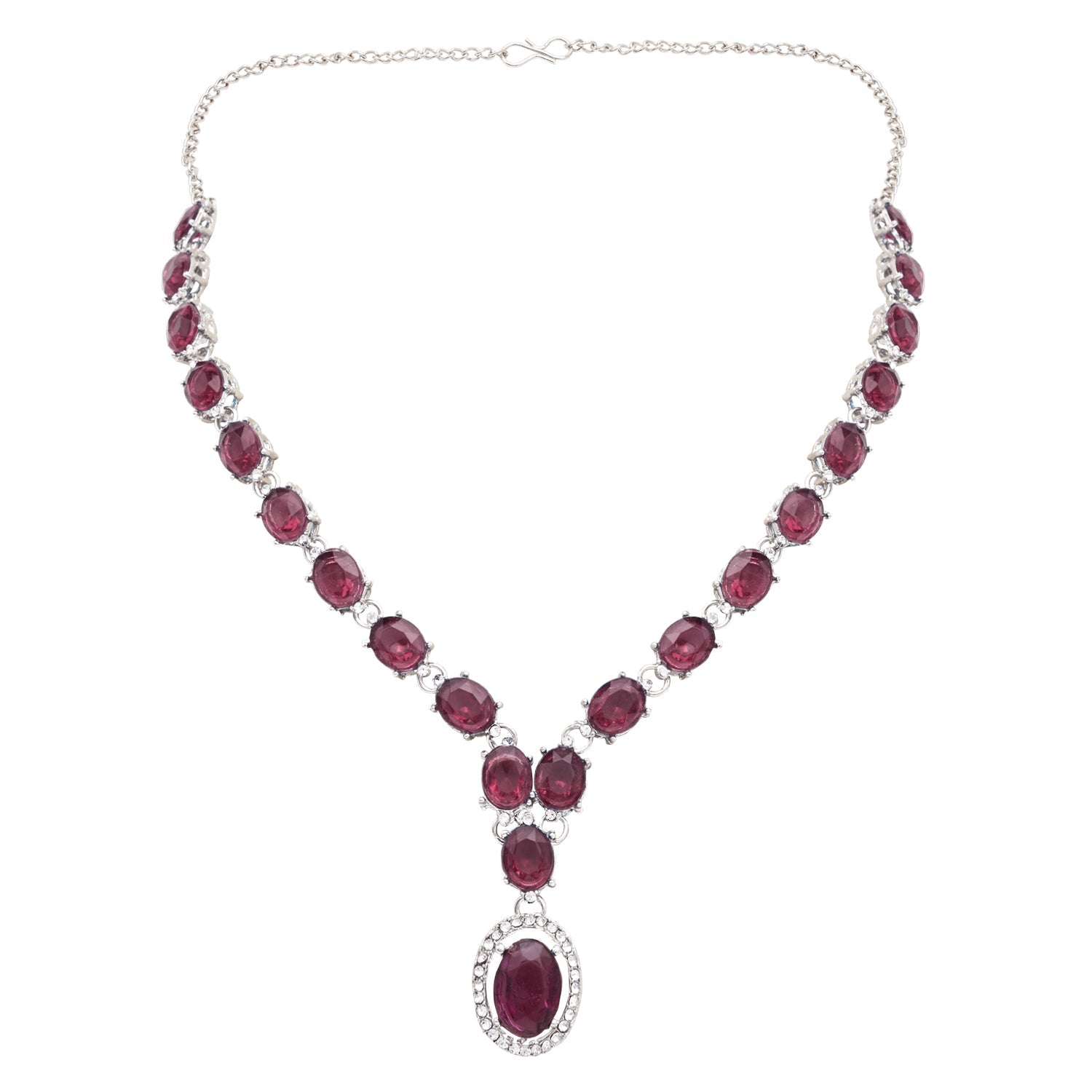 Etnico Silver Plated Stylish Design Crystal Diamond Necklace With Earrings & Maang Tikka Jewellery Set for Women (Silver Wine)