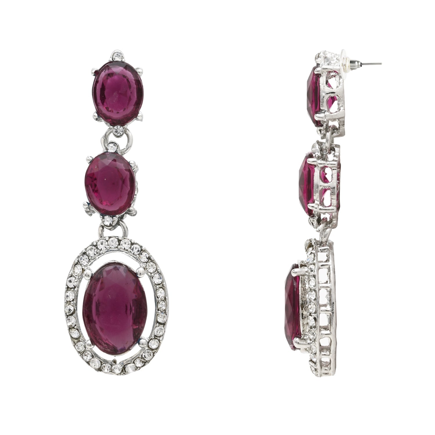 Etnico Silver Plated Stylish Design Crystal Diamond Necklace With Earrings & Maang Tikka Jewellery Set for Women (Silver Wine)