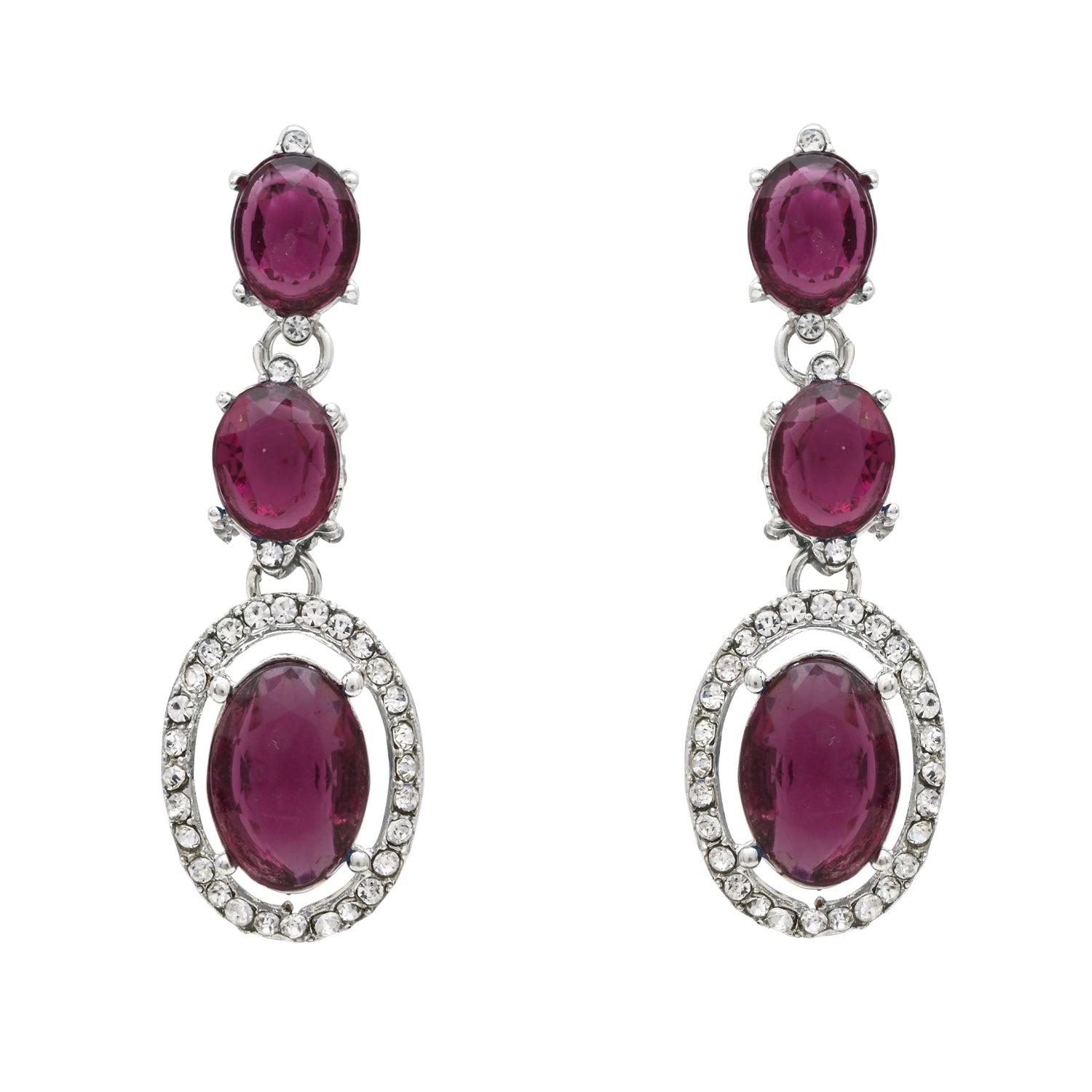 Etnico Silver Plated Stylish Design Crystal Diamond Necklace With Earrings & Maang Tikka Jewellery Set for Women (Silver Wine)