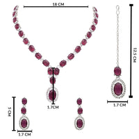 Etnico Silver Plated Stylish Design Crystal Diamond Necklace With Earrings & Maang Tikka Jewellery Set for Women (Silver Wine)
