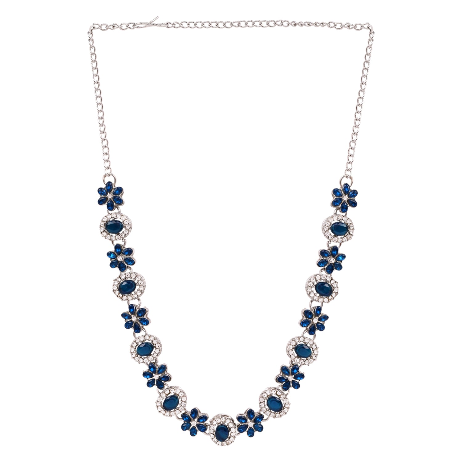 Etnico Silver Plated Traditional Stone Design Necklace Set with Earrings & Maang Tika for Women (IJ398ZBl)