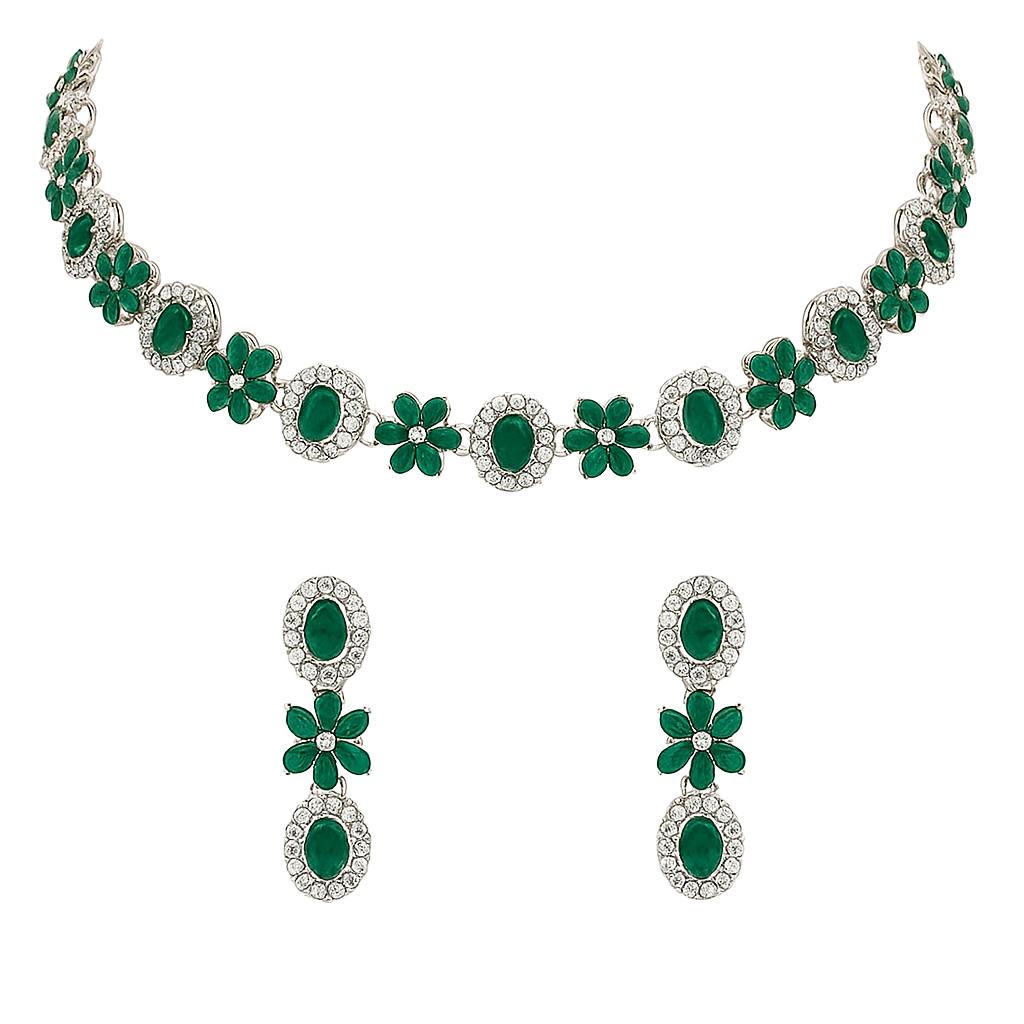 Etnico Silver Plated Traditional Stone Design Necklace Set with Earrings & Maang Tika for Women (Silver Green)