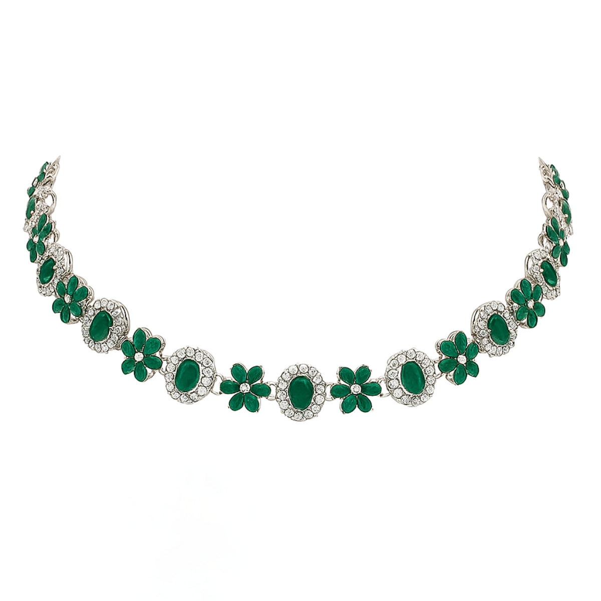 Etnico Silver Plated Traditional Stone Design Necklace Set with Earrings & Maang Tika for Women (Silver Green)