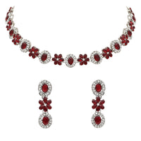 Etnico Silver Plated Traditional Stone Design Necklace Set with Earrings & Maang Tika for Women (Silver Maroon)