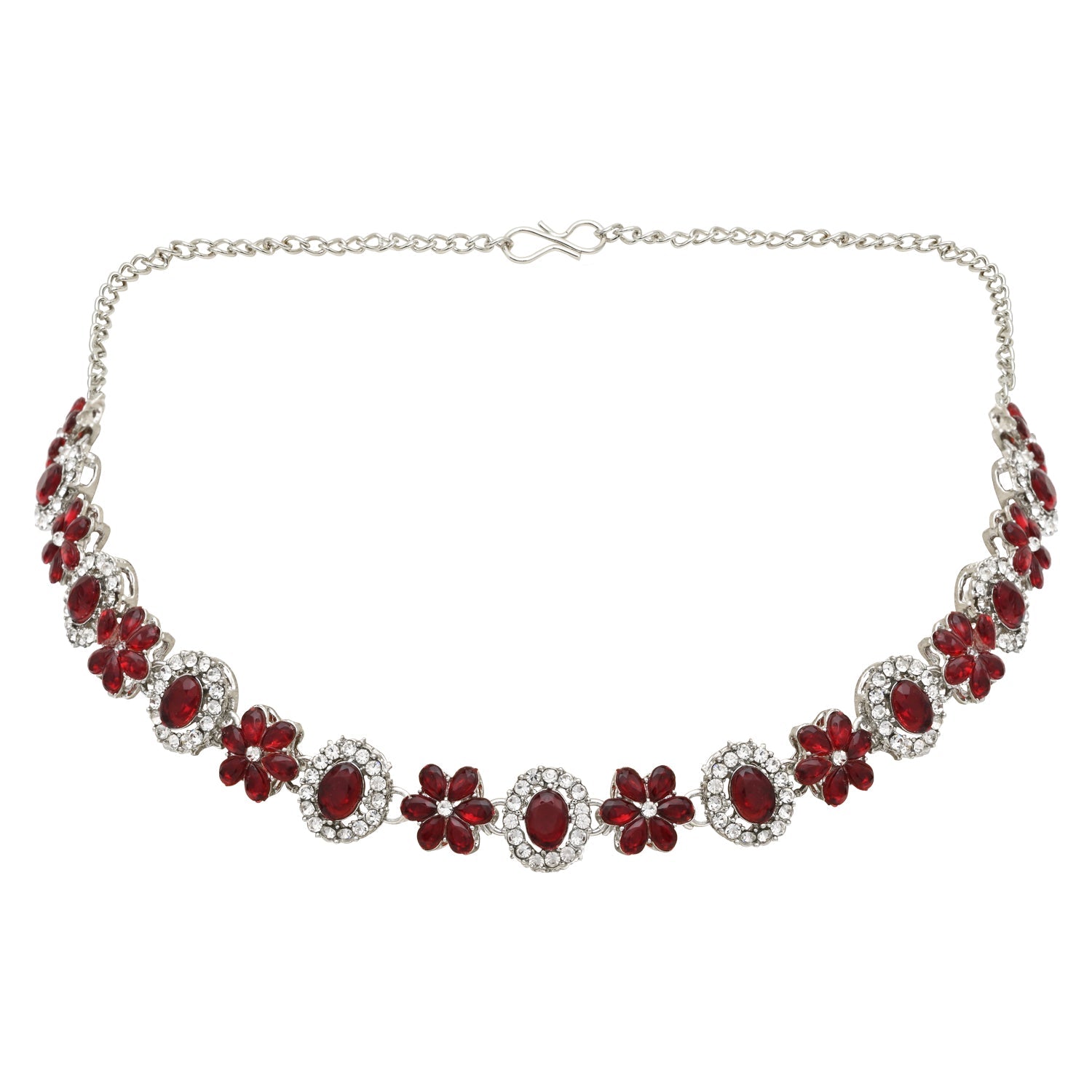 Etnico Silver Plated Traditional Stone Design Necklace Set with Earrings & Maang Tika for Women (Silver Maroon)