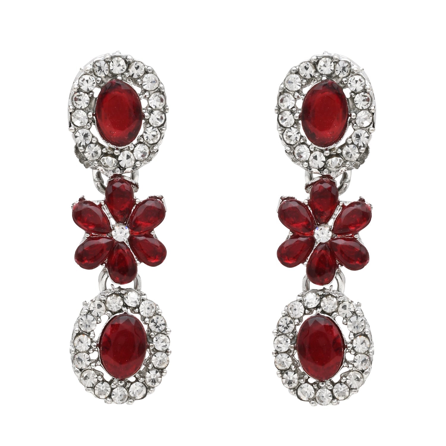 Etnico Silver Plated Traditional Stone Design Necklace Set with Earrings & Maang Tika for Women (Silver Maroon)