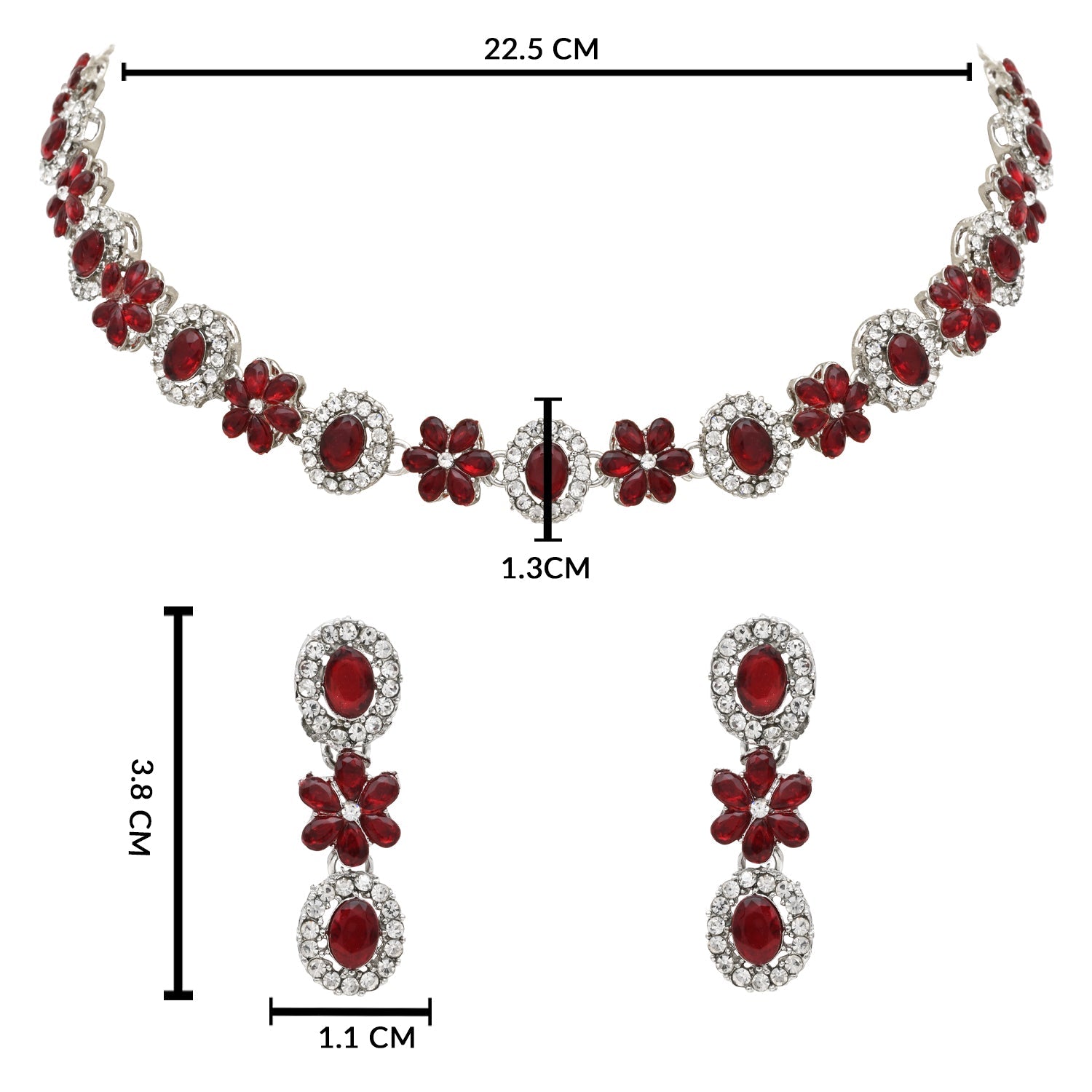 Etnico Silver Plated Traditional Stone Design Necklace Set with Earrings & Maang Tika for Women (Silver Maroon)