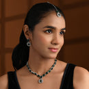 Etnico Silver Plated Traditional Stone Design Necklace Set with Earrings & Maang Tika for Women (IJ399ZG)