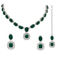 Etnico Silver Plated Traditional Stone Design Necklace Set with Earrings & Maang Tika for Women (IJ399ZG)