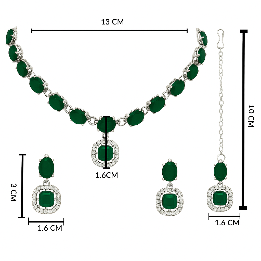 Etnico Silver Plated Traditional Stone Design Necklace Set with Earrings & Maang Tika for Women (IJ399ZG)