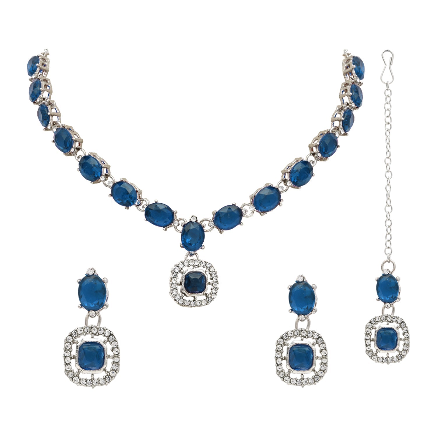 Etnico Silver Plated Stylish Design Crystal Diamond Necklace & Earrings Jewellery Set for Women (Montana)